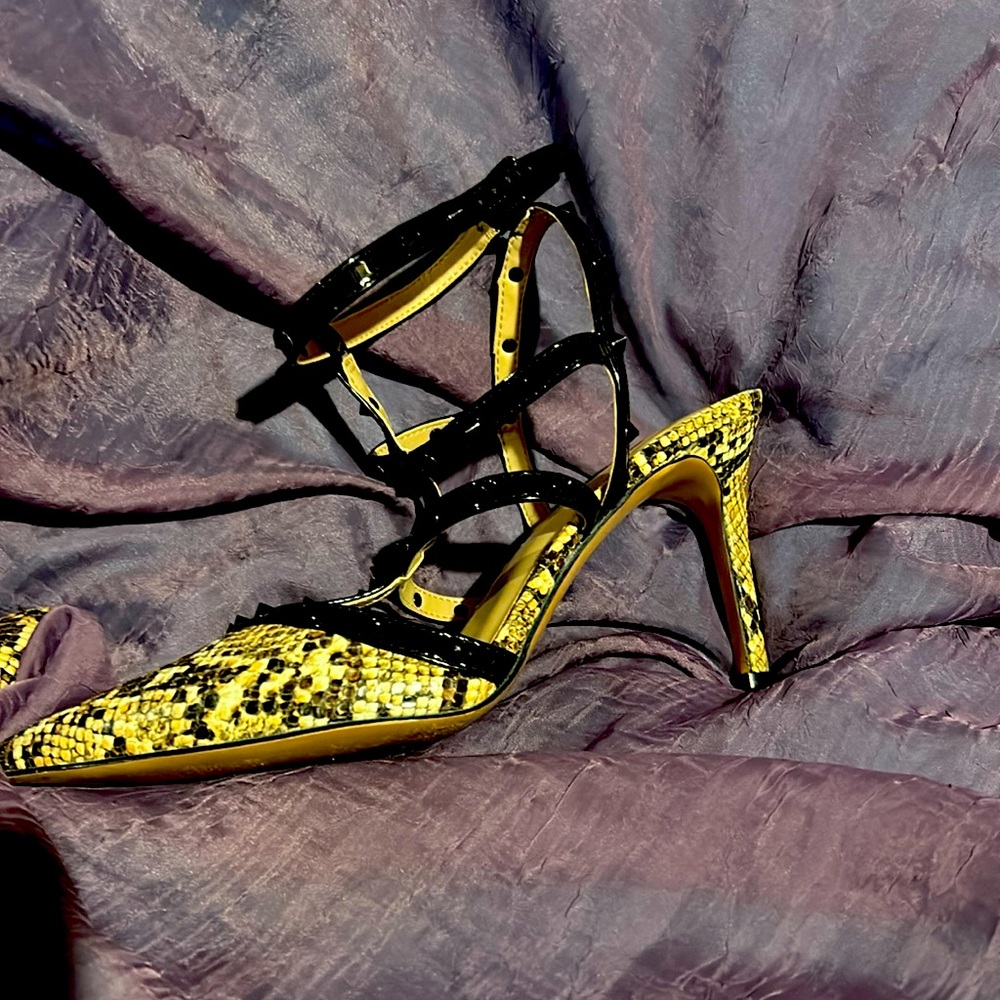 Snake print studded heels